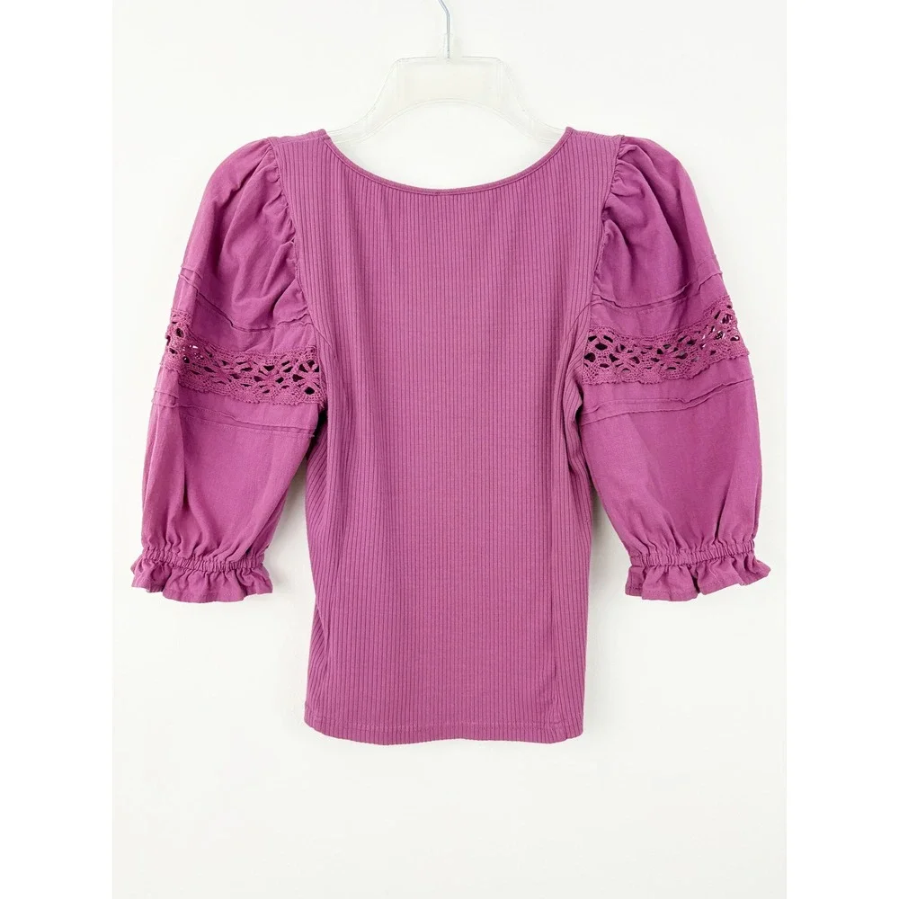 Free people Something Special Tee Size S Magenta Ribbed Puff Sleeve Crochet Lace